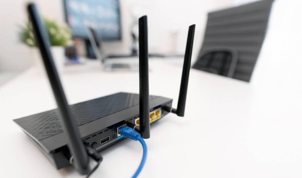 A dramatically angled photo of a WiFi router.