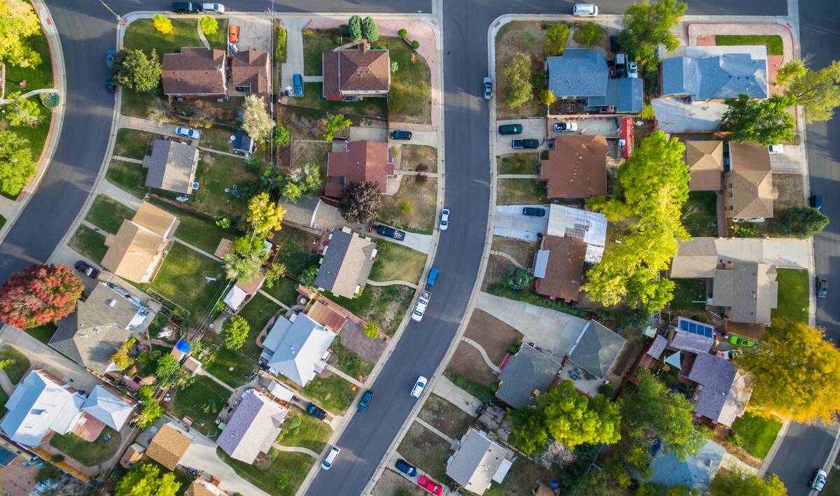 An aerial shot of a suburban neighborhood.